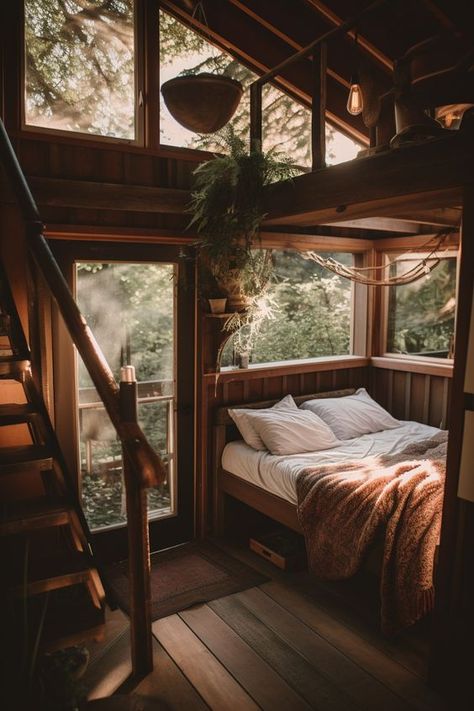 Cozy Forest Living Room, Cabin Astethic, Hammock Cabin, Modern Cottagecore House, House In The Woods Aesthetic, Tiny Home Aesthetic, Forest Cabin Interior, Small House Aesthetic, Cabin Aesthetic Interiors