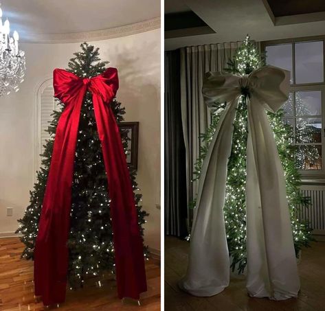 Pencil Tree With Bow Topper, Huge Bow Christmas Tree, Large Bow Christmas Tree, Big Bow Christmas Tree Topper, Giant Bow Christmas Tree, Bows On Tree, Hair Salon Christmas Decor, Big Bow Christmas Tree, Bow On Christmas Tree