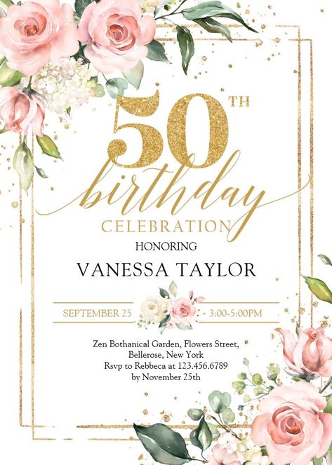 Bohemain boho blush pink floral gold 50th birthday invitation 25 Th Birthday Invitations, 25th Invitations Birthday, Floral Birthday Party Decorations Women, 25th Birthday Invitation Ideas, 25th Birthday Party Ideas For Women, 25th Birthday Ideas For Her Decoration, 25 Birthday Invitations, Pink And Gold Invitation Template, 25th Birthday Ideas For Her Party