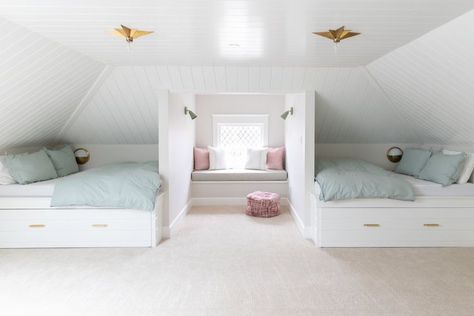 This attic bedroom makes the most of the unusual design.   12 Cozy Attic Bedrooms That Spell Out Dreamy Attic Bedroom Ideas Angled Ceilings, Low Ceiling Attic Bedroom, Cozy Attic Bedroom, Attic Bedroom Ideas, Cozy Attic, Kids Beds With Storage, Kate Marker Interiors, Attic Ideas, Attic Bedroom Designs