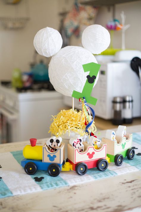 Centerpiece from a Mickey Mouse DIY Birthday Party via Kara's Party Ideas KarasPartyIdeas.com (13) Mickey Party Centerpieces, Mickey Mouse Train Birthday, Mickey Centerpiece Ideas, Cake Pops Mickey Mouse, Mickey Mouse Diy, Mickey Centerpiece, Mickey Mouse Train, Mickey Roadster Racers Birthday, Yellow Party Decorations