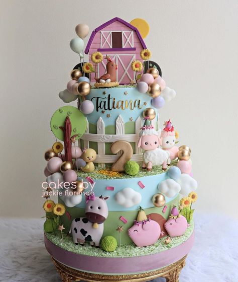 Jackie Florendo 🇵🇭 on Instagram: “Dainty Farm for Tatiana #cakesbyjackieflorendo #styledtoyourtaste #jackieflorendo #birthdaycake #cakesbyjackie #weddingcake #cake #cakes…” Farm Birthday Cake Girl, Farm Themed Birthday Cake, Animal Cakes For Kids, Farm Theme Cake, Farm Birthday Cake, Farm Cakes, Party Animal Cake, Girls Farm Birthday, Farm Birthday Cakes