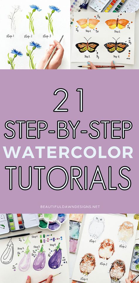 Drawing Ideas Using Watercolor, Ideas To Paint With Watercolor, How To Paint Watercolor Flowers Step By Step, Watercolor 101 Tutorials Art Lessons, Watercolor Painting Drills, Japanese Watercolor Art For Beginners, Beginner Watercolor Projects, Free Watercolour Tutorials, Watercolor Art Intermediate