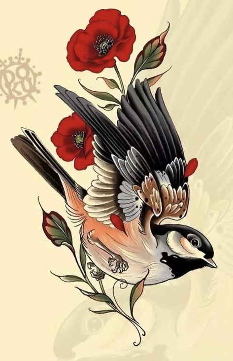 Neotraditional Sparrow, Two Love Birds Drawing, 2 Sparrows Tattoo, Neo Trad Back Piece, Neo Trad Bird Tattoo, Neo Traditional Bird Tattoo Design, Sparrow Chest Tattoo, Neo Traditional Animals, Neo Traditional Swallow