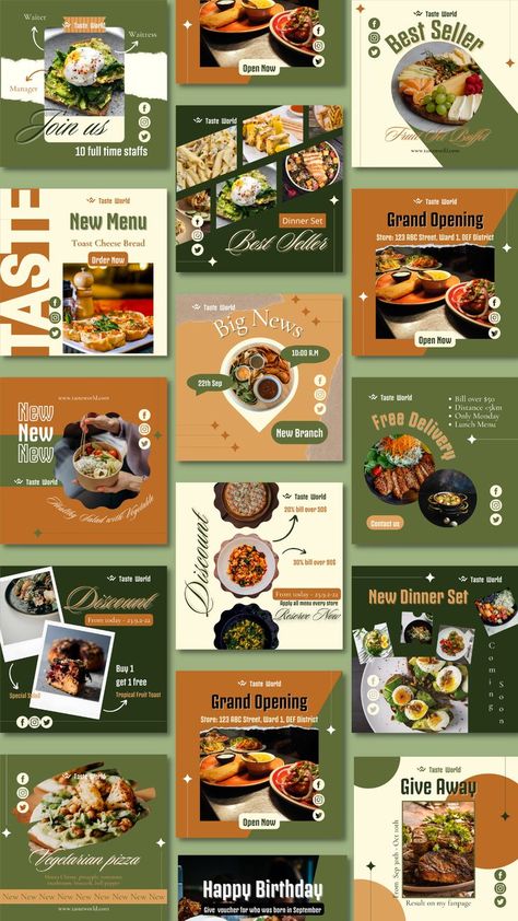 Instagram Post Ideas Food Business, Food Brand Social Media Post, Canva Restaurant Template, Instagram Feed For Food Business, Food Brand Instagram Feed Ideas, Social Media Feeds Design, Instagram Feed Ideas Food Business, Instagram Feeds For Business, Restaurant Facebook Post Ideas