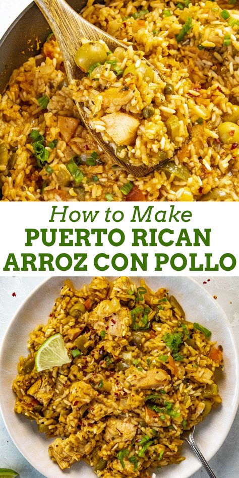 Learn how to make Puerto Rican arroz con pollo with our delicious recipe. This dish is made with a sofrito base. It is loaded with flavor and can be served as either a side dish or the main course. #arrosconpollo #puertoricanrecipe Sofrito Recipe Puerto Rican, Puerto Rican Recipes Rice, Con Pollo Chicken, Sofrito Recipe, Hispanic Dishes, Pollo Recipe, Latin Recipes, Puerto Rico Food, Pollo Chicken