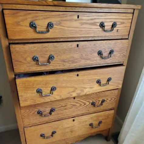 Check out this chest of drawers upcycle idea. If you love painted furniture you'll love the before and after photos of this black paint makeover. #diy #dresser #makeover Upcycled Chest Of Drawers Before And After, Antique Chest Of Drawers Makeover, Drawers Upcycle, Chest Of Drawers Upcycle, Drawers Makeover, Installing Exterior Door, Chest Of Drawers Makeover, Krud Kutter, Paint Makeover