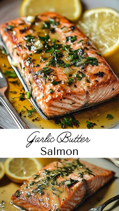 Make your winter meals dinners special with Garlic Butter Salmon. Its quick preparation and savory flavors make it an excellent Friendsgiving dinner recipe or weeknight meal. Great Salmon Recipes, Food Network Salmon Recipes, Salmon Recipes For Christmas Dinner, Healthy Dinners Salmon, Recipes For Baked Salmon, Good Healthy Fish Recipes, Herb Roasted Salmon, Pan Grilled Salmon, Salmon And Broccolini