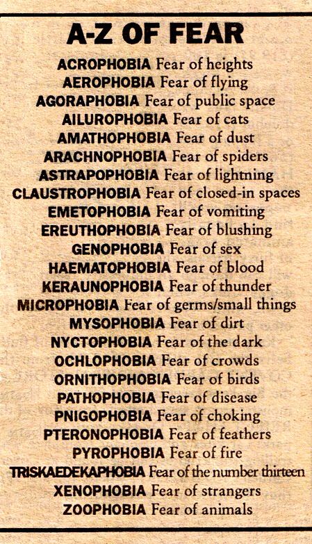 A-Z of Fear - List of Phobias All Phobia List, List Of Fears, Phobia Aesthetic, Fear Reference, Phobia Words, Uncommon Words, General Knowledge Book, Interesting English Words, Good Vocabulary Words