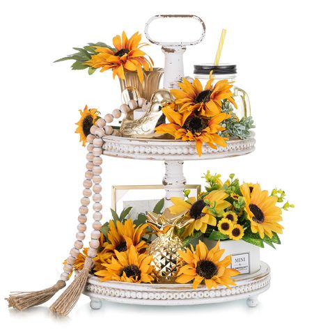 PRICES MAY VARY. STYLISH SEASONAL HOME DECOR - now all covered for your stylish seasonal home decor! Whether you want to set the themed mood for spring, fall or sunflowers, bees or even graduates in home decor or you’re hosting a Easter, Christmas, Halloween party and want to spice up the decor, wooden tiered tray is the perfect decor centerpiece for your home. FASHIONABLE RUSTIC ACCENTS - fill your house with fashionable rustic accents that makes you feel right at home! our coffee tiered tray d Kitchen Coffee Table, Farmhouse Serving Trays, Farmhouse Tiered Tray Decor, Tiered Tray Stand, Farmhouse Tiered Tray, Fall Tiered Tray Decor, Coffee Table Centerpieces, Serving Tray Decor, Wooden Serving Trays