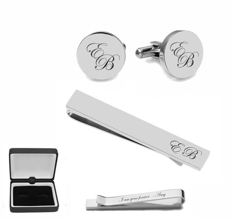 PRICES MAY VARY. Stainless Steel Round Cufflinks & Slide On Tie Bar Set Cufflink Dimensions: 0.625" diameter Tie Bar: 2.25" x 0.25" Secret message? Engrave it on the back of the tie bar! Gift Box Included High Quality Non-Tarnish Stainless Steel This silver stainless steel cufflink and tie bar set can be engraved with initials, a name, date or word on each cufflink and tie bar. These engraved cuff links are a great accent to keep your suit looking sharp. Each engraved cuff link can be personaliz Engraved Cuff, Personalized Cufflinks, Gold Cufflinks, Groomsmen Gifts, Silver Circle, Black Gift Boxes, Timeless Gifts, Silver Cufflinks, Tie Bar