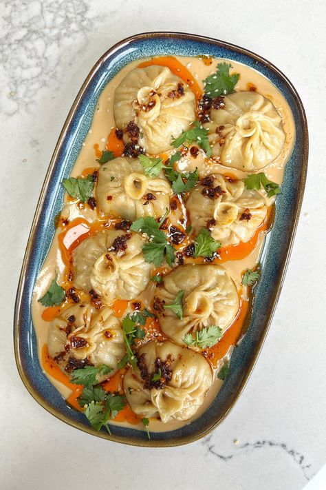 The BEST Chicken & Prawn Dumplings (Chili Tahini Sauce) - Myriad Recipes Homemade Momos, Turkey And Dumplings, Prawn Dumplings, Dumpling Sauce, Homemade Chilli, Raw Prawns, Best Dumplings, Prawn Recipes, Dinner Guests