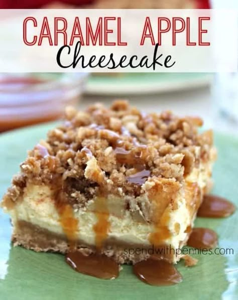 Apple Caramel Cheesecake, Caramel Apple Cheesecake Recipes, Caramel Apple Crisp Cheesecake, Apple Cheesecake Recipes, Baked Caramel Apples, Caramel Apple Crumble, Chewy Bars, Cheesecake Caramel, Apple Cheesecake Bars