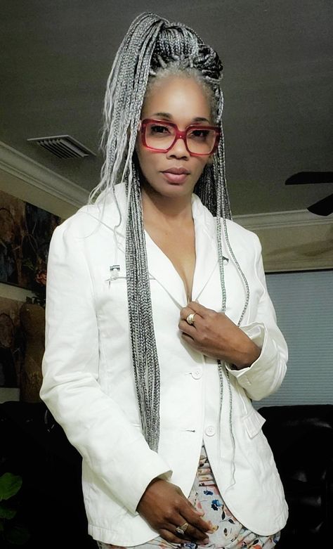 Gray Micro Braids, Braids With Gray Hair Black Women, Grey Ponytail Gray Hair, Gray Hair Braids Black Women, Platinum Gray Hair On Black Women, Grey Box Braids Silver Black Women, Grey Knotless Box Braids, Gray Braids For Black Women, Silver Knotless Braids