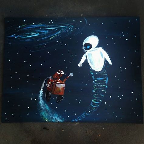 Disney painting is Wall-E and Eve ... Wall-e Painting, Painting Ideas Disney Characters, Pumpkin Painting Ideas Creative, Pumpkin Painting Ideas Disney, Painting Ideas Disney, Walle Y Eva, Disney Canvas Paintings, Disney Painting, Wall E And Eve