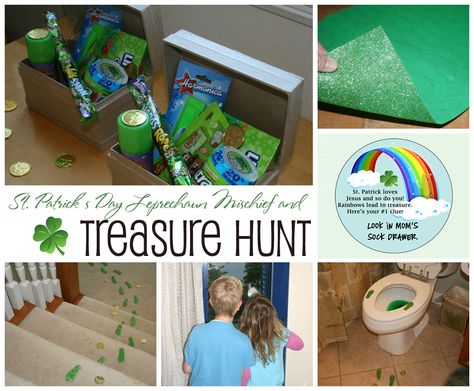 Saint Patrick's Day Treasure Hunt and Leprechaun Mischief Leprechaun Mischief Ideas, Leprechaun Ideas, Leprechaun Mischief, Leprechaun Footprints, Leprechaun Scavenger Hunt, Leprechaun Hunt, Nerds Rope, Differentiated Kindergarten, Deck Railing Ideas