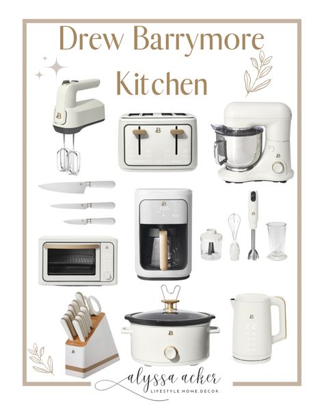 Walmart Beautiful Appliances, Aesthetic Kitchen Essentials, Drew Barrymore Appliances White, Aesthetic Home Appliances, Drew Barrymore Kitchen Appliances White, Drew Barrymore Home Decor, Ts4 Kitchen Appliances, Minimalist Kitchen Appliances, Beautiful Appliances Drew Barrymore