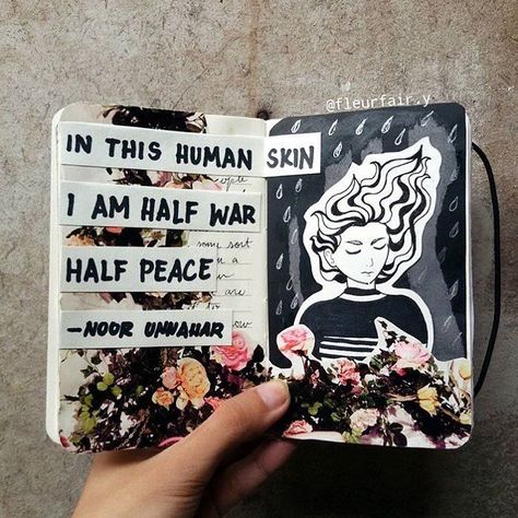 En esta piel humana soy mitad guerra mitad paz. Pinterest Inspirasi Jurnal, Skitse Bog, Art Black Love, Kunstjournal Inspiration, Buch Design, Wreck This Journal, Diary Ideas, Bullet Journal Art, Visual Journal