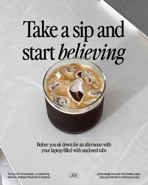 Take a sip & start believing | @designbarbiana Coffee Brand Social Media, Who We Are Post Design, Cool Poster Design Graphics, Digital Design Aesthetic, Quote Design Ideas, Coffee Ideas Design, Pre Order Design Poster, Coffee Design Poster, Coffee Poster Design Graphics