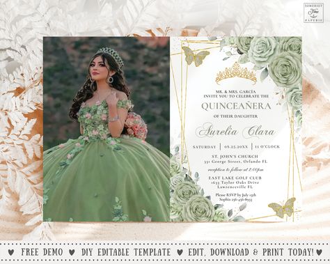 Sage Green Quinceanera Invitations, Sage Green Quinceanera Theme, Pastel Sage Green, Picture Invitations, Quince Decor, Quinceanera Invitation, Green Roses, Sage Green Floral, Invitation Diy