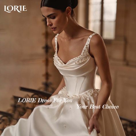 LORIE Pearls A-line Wedding Dress Spaghetti Straps Satin Bride Gown Backless Bride Dresses V Neck White Gown With Pearls, Satin Wedding Gown With Pearls, Pearl Detail Wedding Dress, Elegant Classy Wedding Dress, Classy Wedding Gown, Wedding Dresses With Pearls, White Pearl Dress, Wedding Dresses Elegant Classy, Pearls Wedding Dress