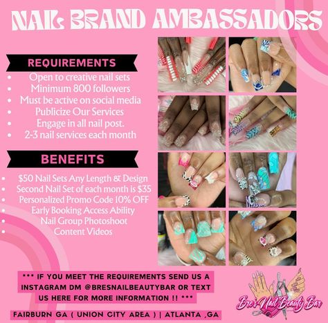 NAIL BRAND AMBASSADOR SEARCH 💕 -Must meet requirements above ⬆️ -ONLY TAKING 4 NAIL GIRLIES 🫶🫵 - I AM A HOMEBASED, SELF TAUGHT NAIL TECH 🫶 TEXT ME NOW FOR MORE INFO ℹ️ Follow @bresnailbeautybar If Viewing 🫵🫶 • • • • • #bresnailbeautybar #blacknailtech #selftaughtnailtech #acrylicnails #atlantageorgia #atlantanailtech #atlantanails #atlnailtechs #atlnails #homebasednailtech #selftaughtnailtech #fultoncountyga #nailtechnearme #brandambassadorsearch #nailgirls #brandambassadorswanted #atlbra...