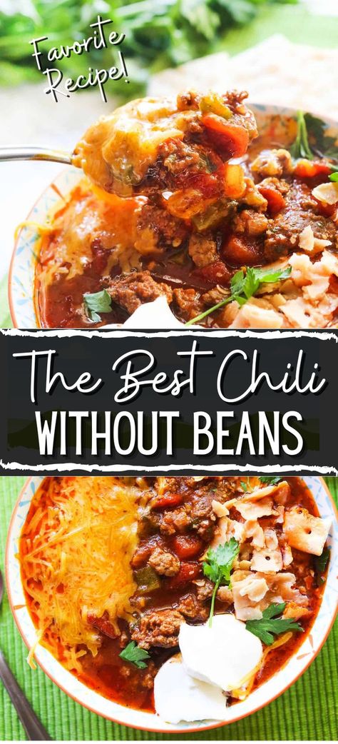 Collage of bowlful of chili without beans at top and bottom. No Bean Chili Recipes Crockpot, Types Of Chili Recipes, No Bean Chilli Recipes, No Bean Chili Crockpot, Beanless Chilli, Crockpot Chili No Beans, Bean Less Chili, Chili Without Beans Recipe, Chilli Without Beans