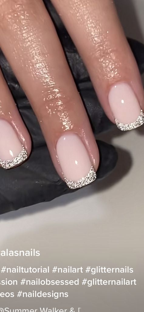 Wedding Guest Biab Nails, White With Silver Tips Nails, Simple Nail Designs Ring Finger, Simple Pageant Nails, Formal Nail Ideas Silver, Acrylic Nails Ideas Wedding Guest, Glitter French Manicure Designs, Sparkle French Manicure Glitter, Nails To Match Sequin Dress