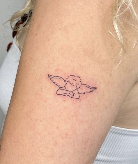 Cherub Tattoo Meaning, Angel Tattoo Small Simple, Tiny Cherub Tattoo, Cloud Angel Tattoo, Angel Line Tattoo, Cherub Angel Tattoo Simple, Baby Cherub Tattoo, Simple Cherub Tattoo, Mini Angel Tattoo