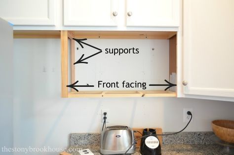 Front and back supports for microwave shelf Shelf For Microwave Diy, Microwave Ideas In Kitchen Spaces, Diy Microwave Shelf, Microwave Shelf Ideas Diy, Microwave Shelf Over Stove, Microwave Cupboard, Microwave Wall Shelf, Built In Microwave Cabinet, Refurbished Kitchen