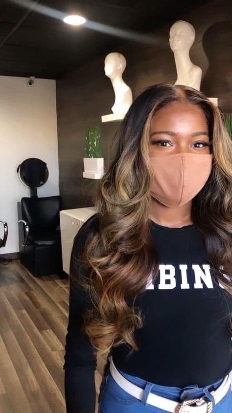 Blonde Balayage Sew In Weave, Balayage Weave Black Women, Black Women Wig Hairstyles, Honey Brown Highlights On Black Hair, Loose Wave Sew In, Black Hair Red Highlights, Body Wave Wigs, Birthday Hair, Hair Laid