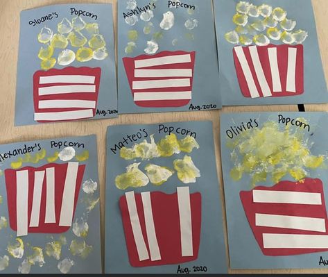 Fair Themed Art Projects, Carnival Crafts For Preschoolers, Fun At The Fair Preschool Theme, Fair Lesson Plans Preschool, Movie Theme Arts And Crafts, Food Theme Art Preschool, Popcorn Handprint Art, Corn Projects For Preschool, Popcorn Craft Ideas