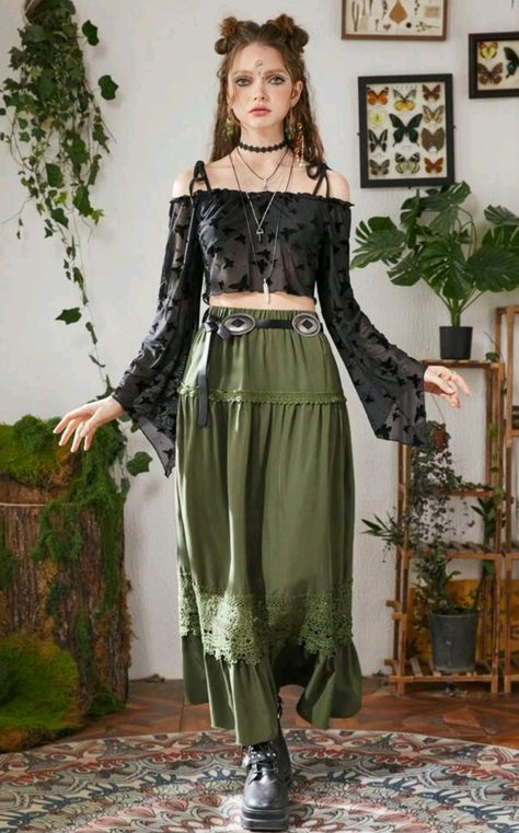 Dark Cottagecore Witch Outfits, Soft Natural Skirts Kibbe, Goth Cottage Core Fashion, Solar Witch Outfit, Urban Witch Outfit, Swamp Fairy Outfits, Witchcore Outfit Aesthetic, Mystical Aesthetic Outfits, Earth Witch Aesthetic Outfit