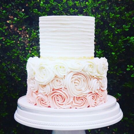 Pink Ombre Rosette and Gold Leaf Wedding Cake Wedding Cake Rosette, Two Tier Ombre Cake, Wedding Cakes Traditional, Rosette Wedding Cake, Ombre Rosette Cake, Rosette Cake Wedding, Leaf Cake, Cakes Pink, Wedding Cake Ombre