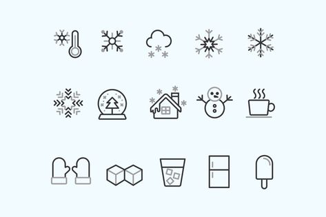 Snow and Ice Icon Pack. A set of 15 simple and stylish snow and ice icons. Included are a variety of gorgeous snowflakes, a snowing cloud, a thermometer, a snow globe, a snow covered house, a snowman, a hot drink, mittens / gloves, ice cubes, a fridge freezer, an ice lolly, and a cold drink. #icon #snow #ice #outdoors #weather #snowman #thermometer #snowflake #cold #winter #illustration Cold Weather Tattoo, Snowman Tattoo Simple, Ice Doodle, Ice Cube Tattoo, Cold Icon, Ice Icons, How To Draw Snow, Ice Drawing, Ice Icon