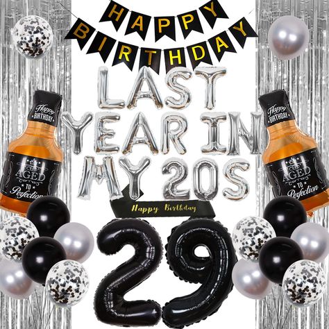 PRICES MAY VARY. 29th Birthday Decorations: Package includes 15*12 inches latex balloons, 1*16 inches Last Year in My 20s foil balloons, 1*40 inches number 29 foil balloons, 1 whiskey bottle foil balloon, 1 HAPPY BIRTHDAY banner, 1 happy birthday sash and 1 tinsel curtain. Cheers to 29 Years Decorations: This 29th birthday party decorations matched with the whiskey balloon and 29th birthday themed balloons is specially designed to help you add more atmosphere to the important birthday party for 29 Years Old Birthday, 29 Birthday Ideas For Her, 29th Birthday Decorations, Balloons Happy Birthday, 30th Birthday Party Decorations, Birthday Decorations For Men, Happy Birthday Husband, In My 20s, Birthday Sash