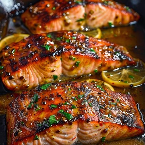 How to Make Delicious Cajun Honey Butter Salmon Gourmet Buffet Ideas, Salmon With Cajun Butter Sauce, Cajun Honey Butter Salmon Recipes, Baked Fish Dinner Ideas, How To Make Salmon, Honey Cajun Salmon, Cajun Salmon Recipes, Soul Food Meals, Aesthetic Dinner Ideas