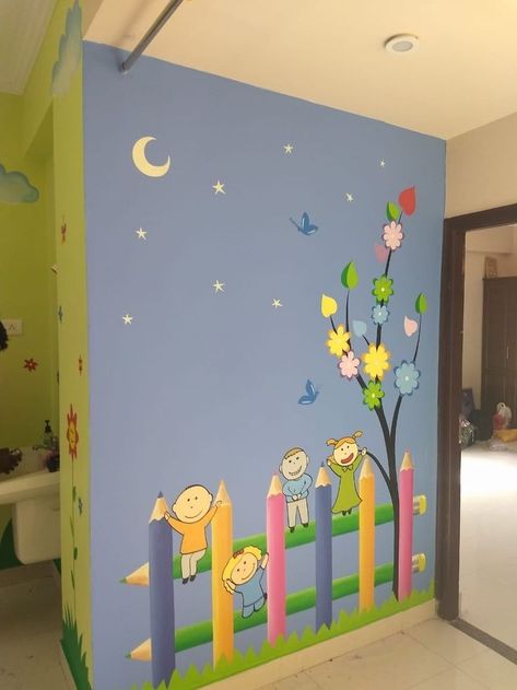 Classroom Walls Paint, School Wall Decoration, Preschool Decor, Daycare Decor, Daycare Design, 3d Wall Painting, Preschool Classroom Decor, School Wall Art, School Murals