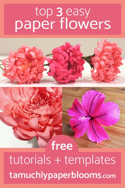 Free paper flower tutorials and templates. Learn how to make your own DIY paper flowers with our free paper flower templates.  #paperflowers #paperflower #paperflowertemplate #paperflowertutorials #crepepaperflowers #paperpeony #paperhibiscus #paperchrysanthemum #crepepaperpeonytutorial Crepe Paper Flower Templates Free Printable, Crepepaperflower Diy, Paper Peonies Tutorial, Flower Templates Printable Free, Paper Flower Printable Templates, Free Paper Flower Templates, Crepe Flowers, Flower Templates Printable, Diy Paper Flowers