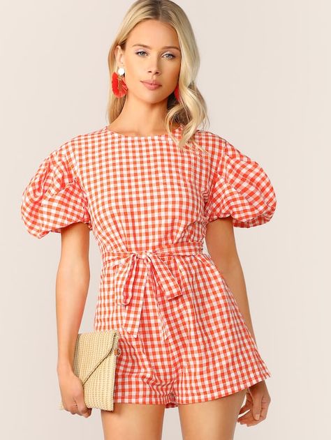 Exaggerate Puff Sleeve Self Belted Gingham Romper | SHEIN Gingham Romper, Romper Summer, Love Party, Myanmar Dress, Prom Shopping, Jumpsuit Dressy, Style Preppy, Gothic Wedding, Sweater Dress Women