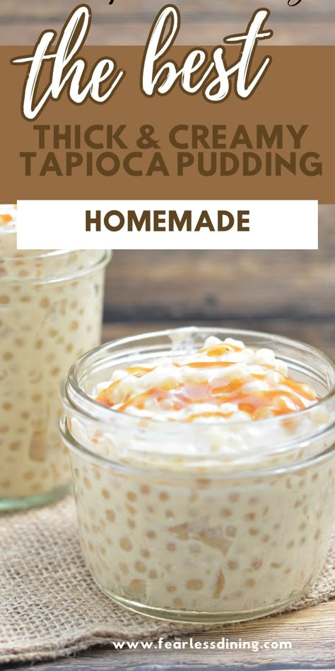 This thick and creamy homemade tapioca pudding is so easy to make from scratch. Easy stovetop directions. fearlessdining Easy Tapioca Pudding, Eggless Pudding, Tapioca Pudding Recipe, Recipe With Caramel, Pudding Homemade, Pudding Recipes Homemade, Sago Pudding, Tapioca Recipes, Easy Puddings