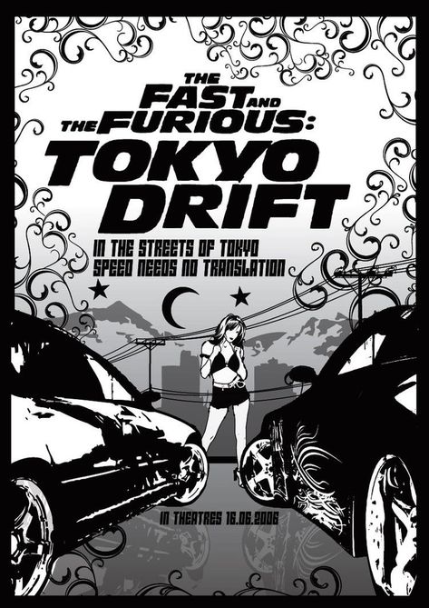 Fast And Furious Poster Art, Fast And Furious Graphic Design, Fast And Furious Tokyo Drift Poster, Fast And Furious Black And White, The Fast And The Furious Poster, Fast And Furious Tokyo Drift Cars, Tokyo Drift Poster, Tokyo Drift Wallpaper, Black And White Movie Posters