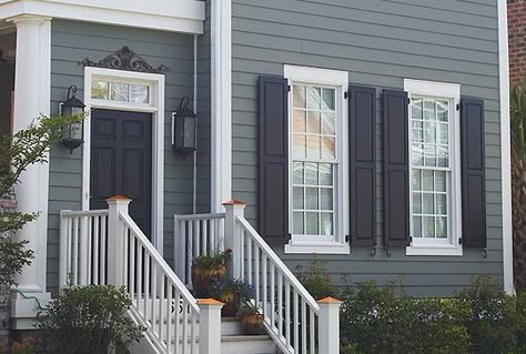 Navy shutters, medium blue-grey exterior                                                                                                                                                                                 More Farmhouse Window Shutters, Outdoor Shutters, Farmhouse Shutters, Rustic Shutters, Cedar Shutters, Gray House, House Shutters, Farmhouse Window, Window Trim Exterior