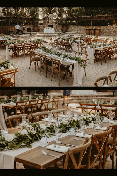 A collage containing two photos of table details, a wide and a closer shot. The tables are brown and  rectangular with cream cloth table runners and green, pink and white flowers running the length of the tables. Sage Green White Brown Wedding, Rustic And Green Wedding, Olive Green Wedding Scheme, Wedding Green And Champagne, Wedding With Green Accents, White And Sage Wedding Table Setting, Wedding With A Lot Of Greenery, Country Wedding Sage Green, Country Sage Green Wedding