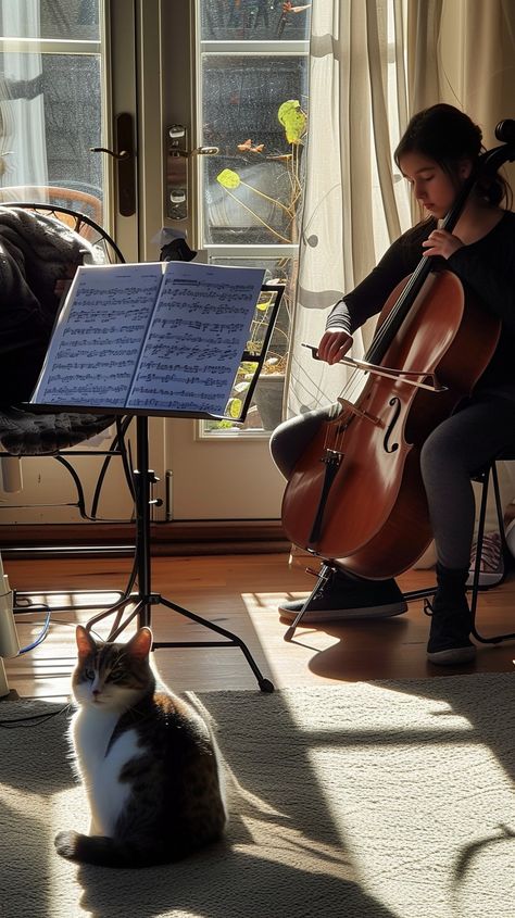 Cello Serenade Moment: An aspiring cellist practices diligently in a sunlit room while a captivated cat listens attentively. #music #cello #cat #practice #performance #aiart #aiphoto #stockcake ⬇️ Download and 📝 Prompt 👉 https://stockcake.com/i/cello-serenade-moment_326071_671217 Symphony Photography, Cellist Aesthetic, Cello Aesthetic, Hobbies Aesthetic, Geneva Lee, Cello Photo, Sunlit Room, Cello Photography, Apollo Cabin