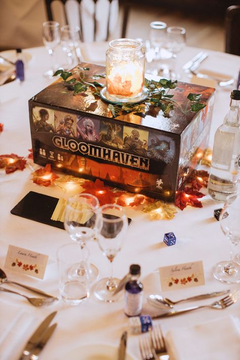 Warm Autumnal & Geeky Chateau Rhianfa Wedding & Board Games Game Night Wedding Theme, Wedding Centrepiece Ideas, Unusual Centerpieces, Board Game Wedding, Treehouse Wedding, Anglesey Wales, Centrepiece Ideas, Batman Wedding, Gamer Wedding