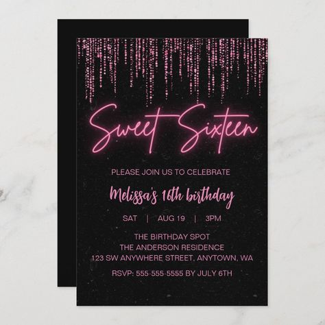 Black Sweet 16, Sweet Sixteen Party Themes, Sweet 16 Themes, Neon Birthday, 16th Birthday Invitations, Pink Birthday Party, Sixteenth Birthday, Sweet Sixteen Parties, 2nd Birthday Invitations