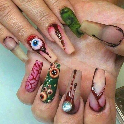 Scary Nails Acrylic, Ugly Nails Weird, Friday The 13th Nails, Alt Nails, Nails July, Zombie Nails, Theme Nails, Horror Nails, Skull Nails