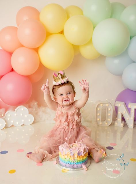 Pastel Rainbow First Birthday Photoshoot, Rainbow First Birthday Photoshoot, Simple 1st Birthday Photoshoot, Rainbow Smash Cake, Pastel Cake Smash, Rainbow Smash Cakes, Rainbow Cake Smash, Twin Cake Smash, One Year Birthday Cake