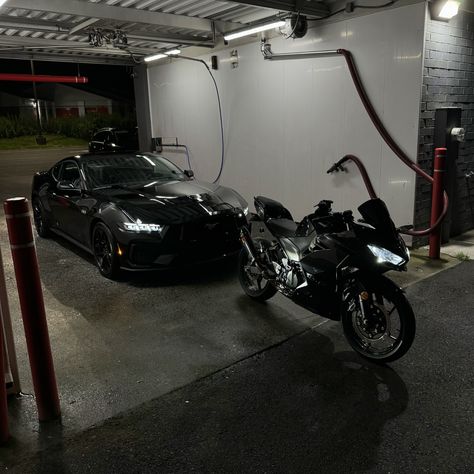 car + bike duo 🥰 . . . #explore #cars #mustangs650 #motorcycle #kawasaki #ninja400 Sportbike Motorcycles, Motor Aesthetic, Motorcycle Ninja, Bike And Car, Motorcycle And Car, Motorcycle Kawasaki, Motorcycle Guy, Car And Bike, Bike Aesthetic